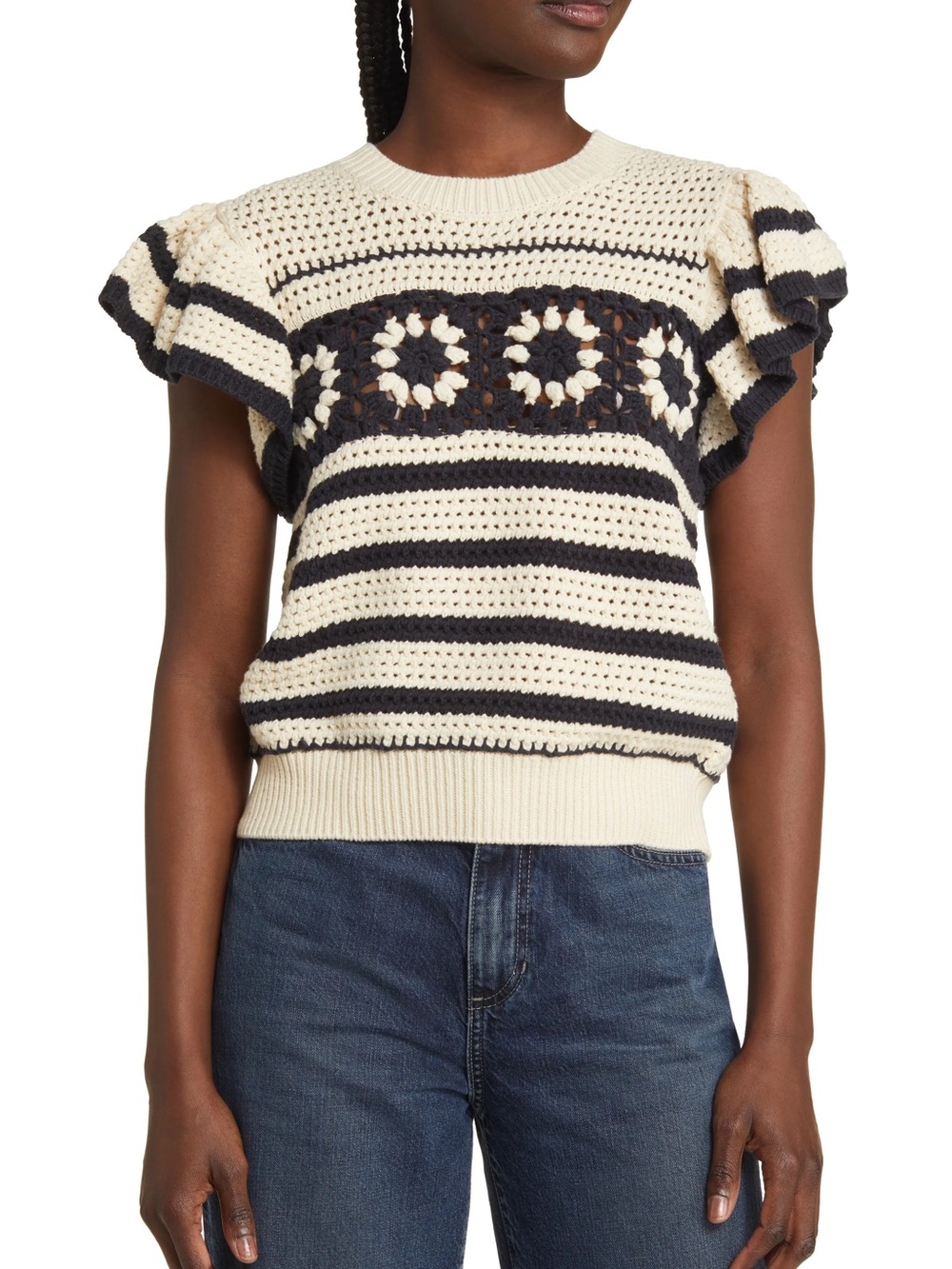Rails Penelope Crochet Stripe Sweater Oat Navy Ruffle Sleeve Large